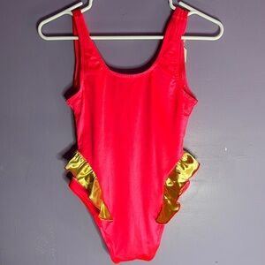 Girls Neon Pink One Piece Swimsuit Size 12 Gold Ruffle Detail Swimwear